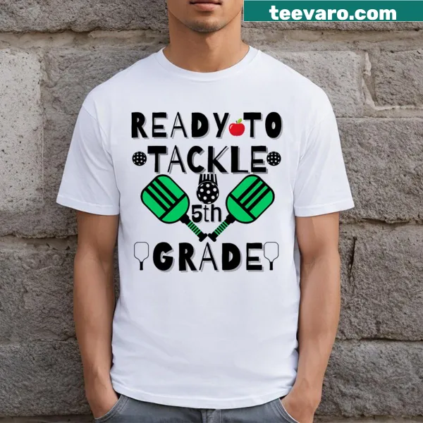 Playful t-shirt for kids about tackling 5th grade and pickleball