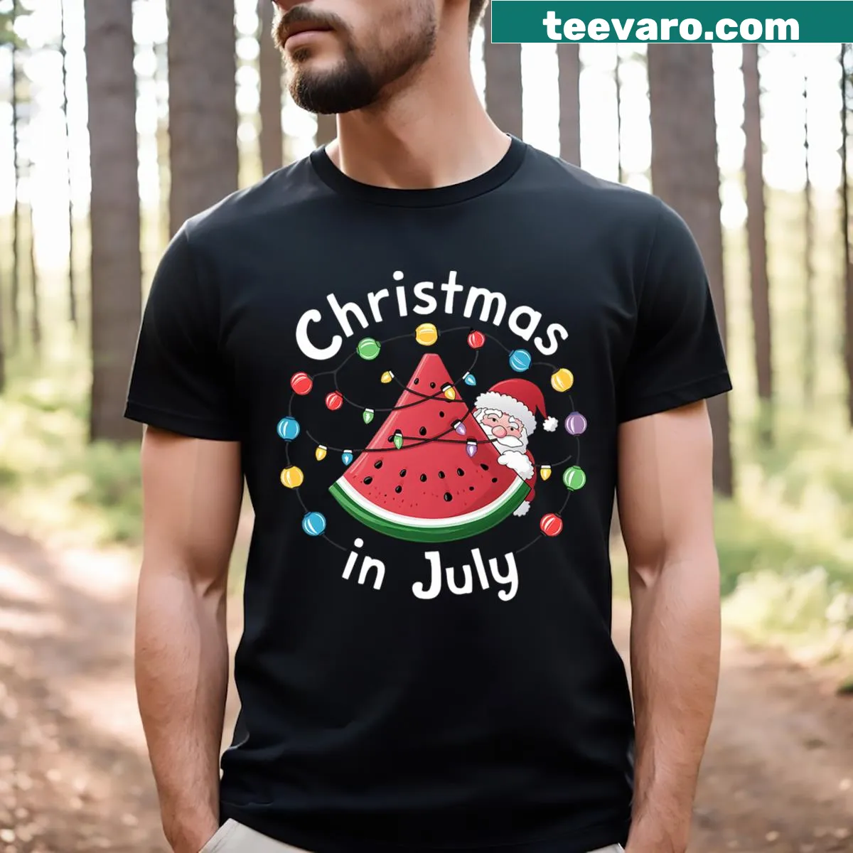 Santa hat on watermelon graphic T-shirt — on a men's t-shirt
