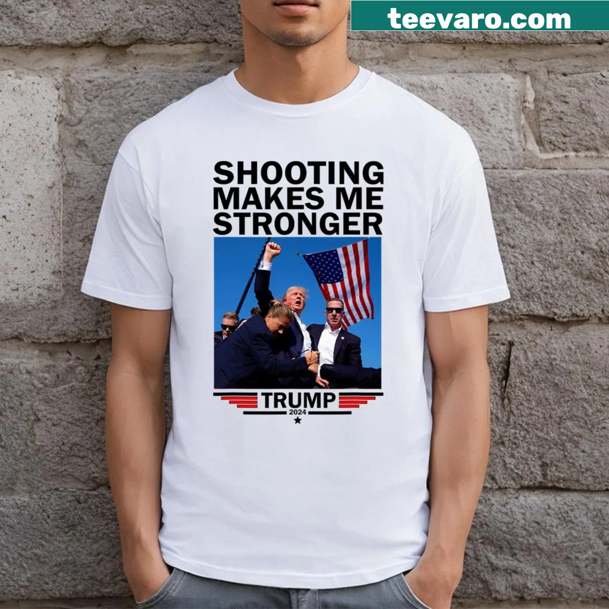Bold typographic graphic T-shirt with political message — on a men's t-shirt