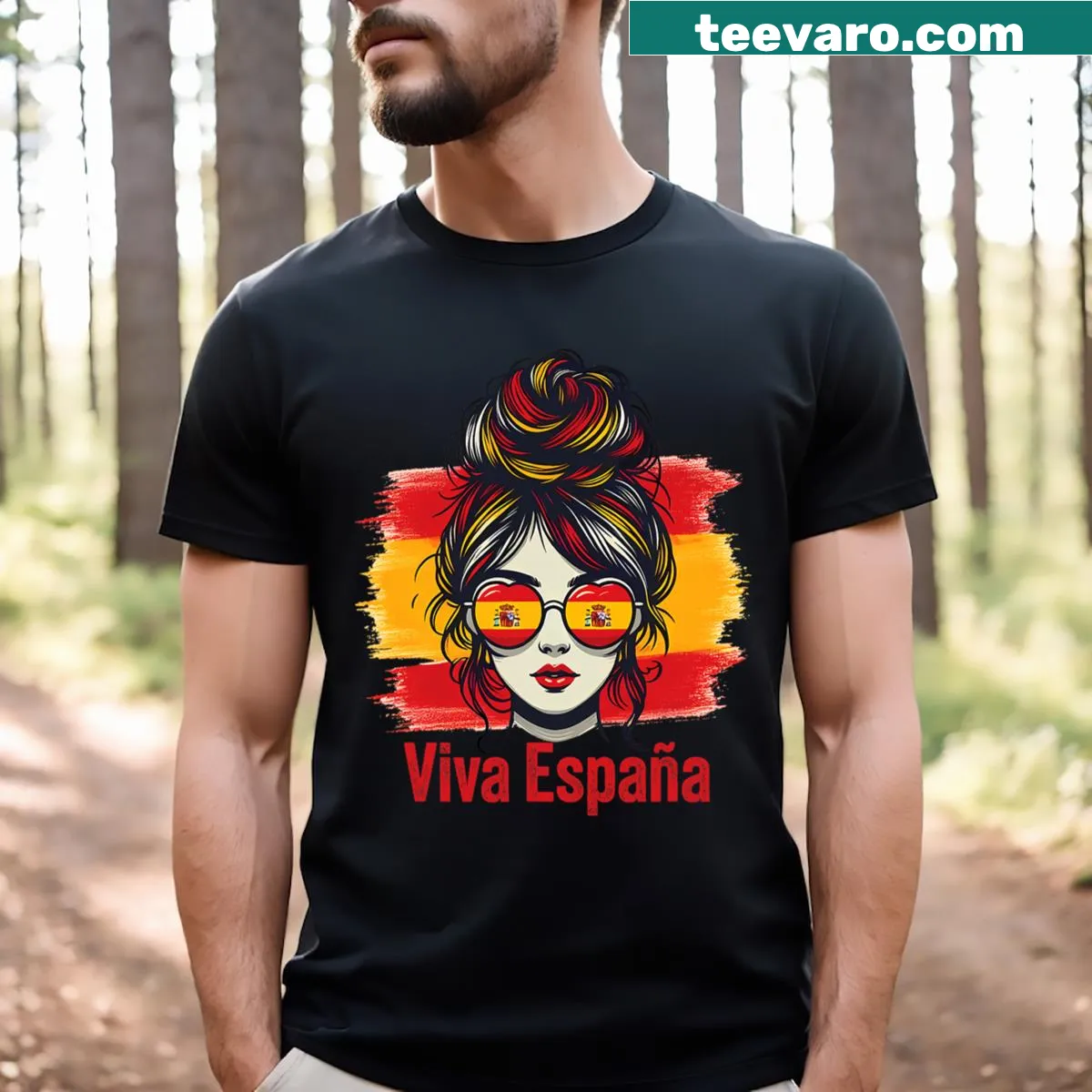 T-shirt featuring a girl in sunglasses and Spain flag, celebrating soccer — on a men's t-shirt