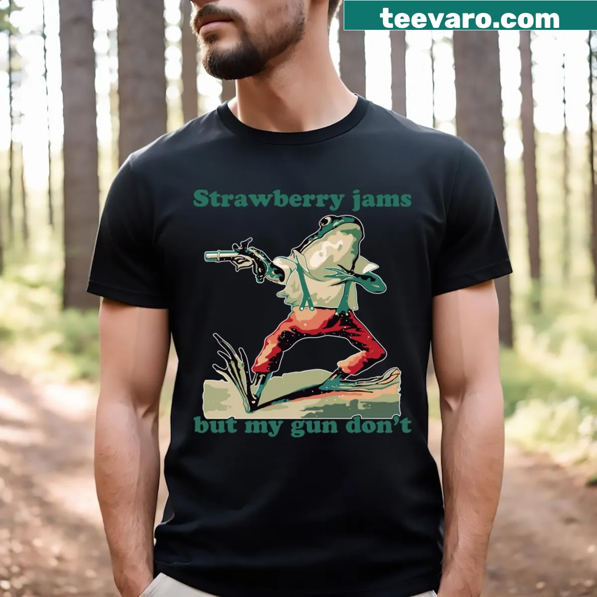 Silly T-shirt with a frog and humorous graphic — on a men's t-shirt