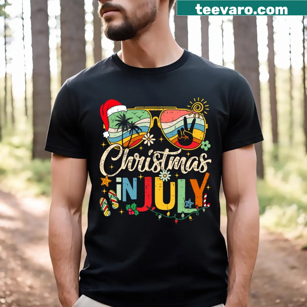 Santa Claus in sunglasses for Christmas in July T-shirt — on a men's t-shirt