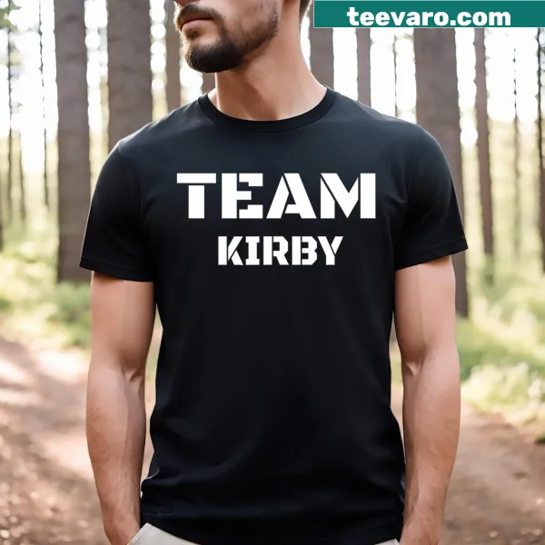 Illustration of Kirby on a playful gamer-themed t-shirt.