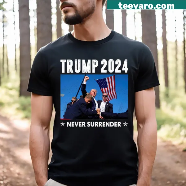 Bold graphic T-shirt with 'Never Surrender' phrase associated with Trump.
