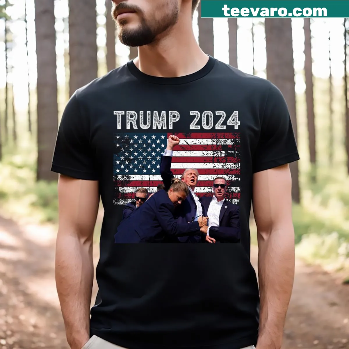 US flag themed Trump 2024 election rally T-shirt — on a men's t-shirt