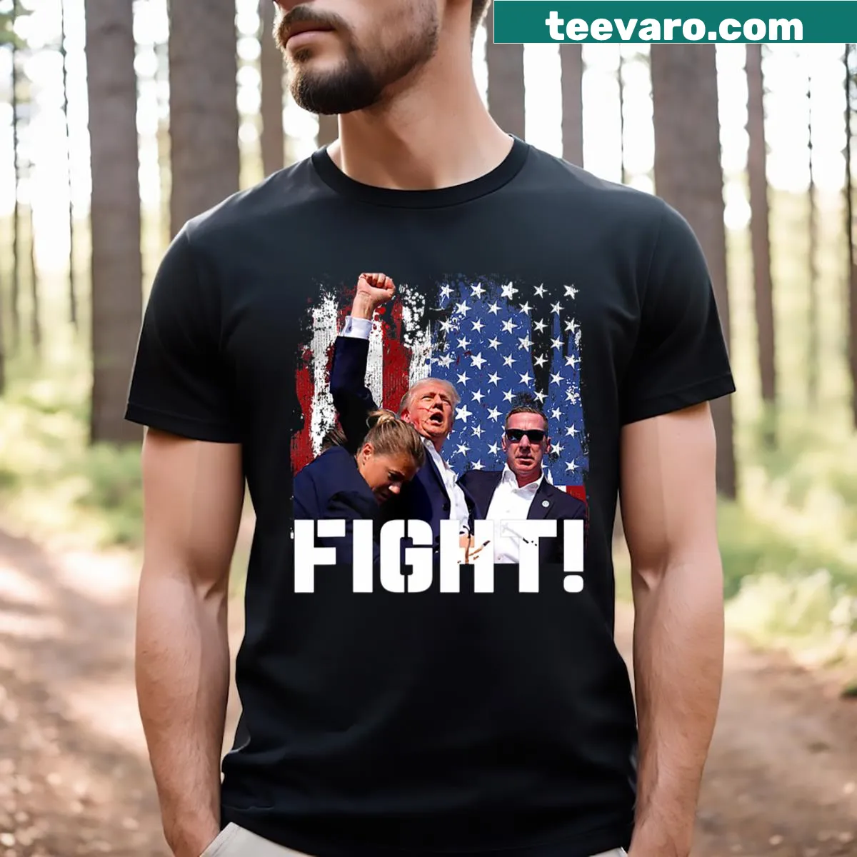 T-shirt with bold typography reading 'Fight' in support of Trump — on a men's t-shirt