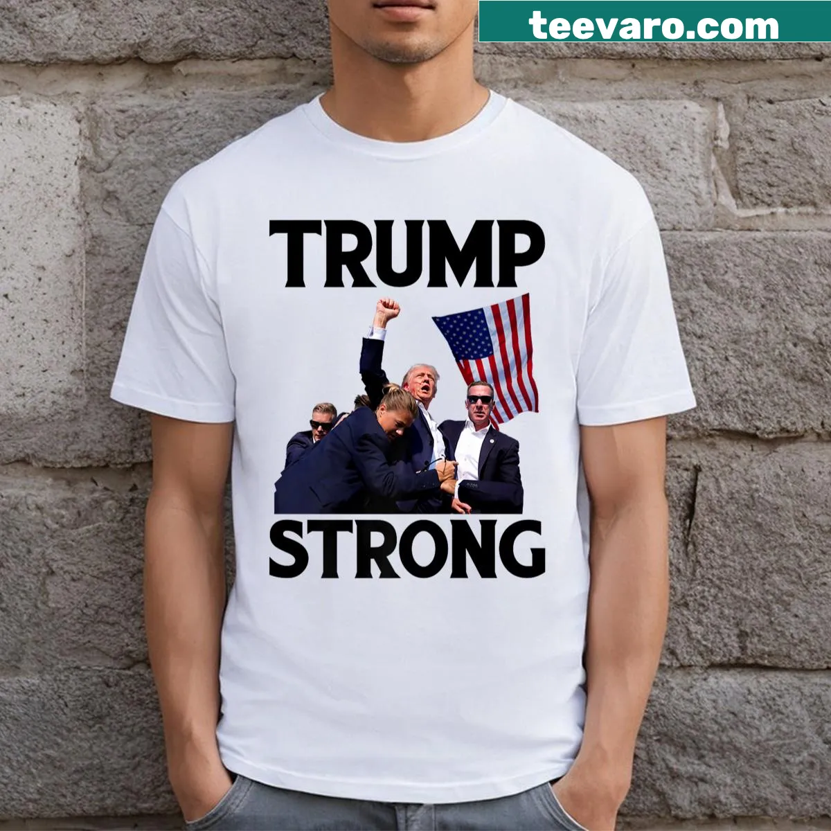 Bold Trump 2024 rally t-shirt featuring a fist graphic — on a men's t-shirt
