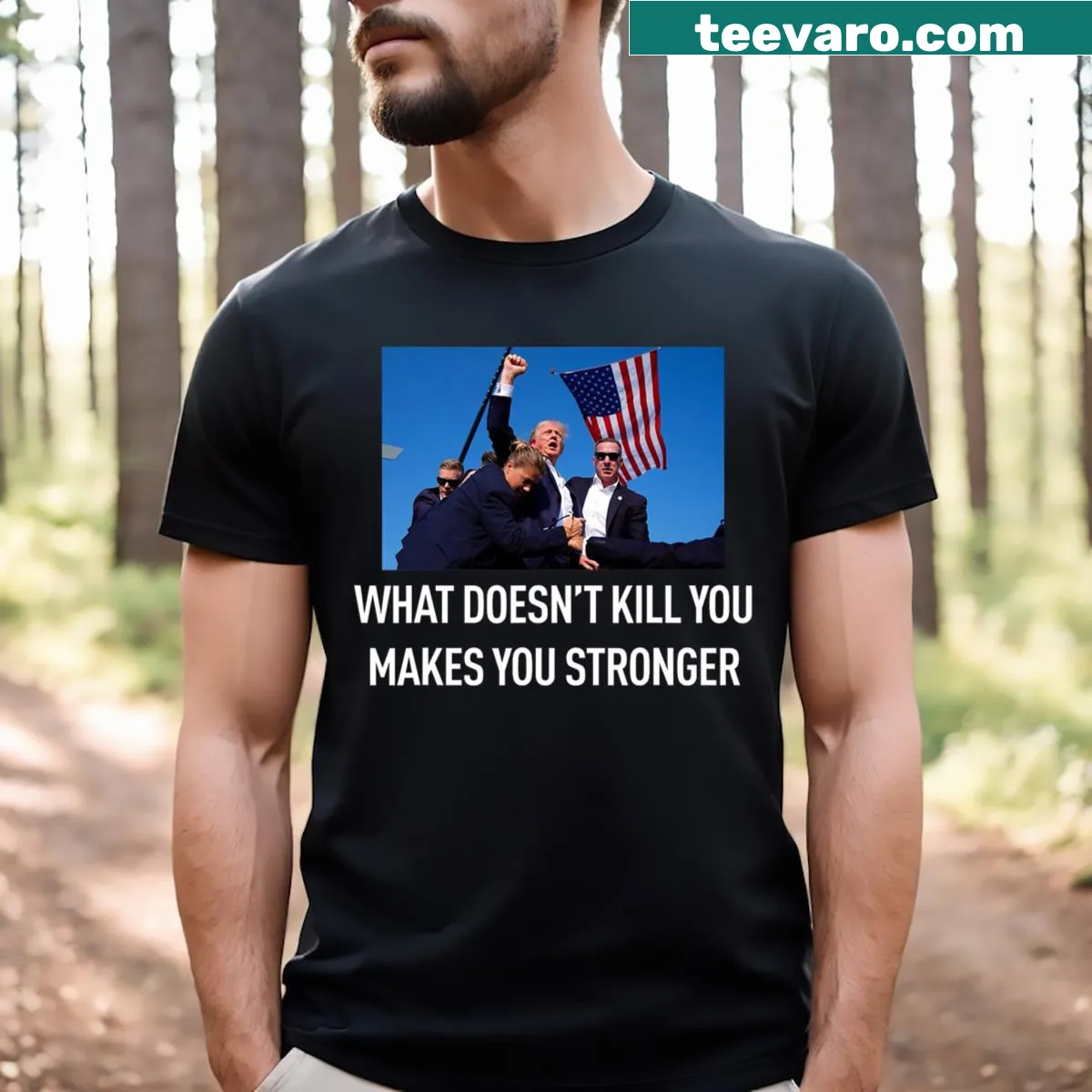 T-shirt with bold text 'Stronger' — on a men's t-shirt