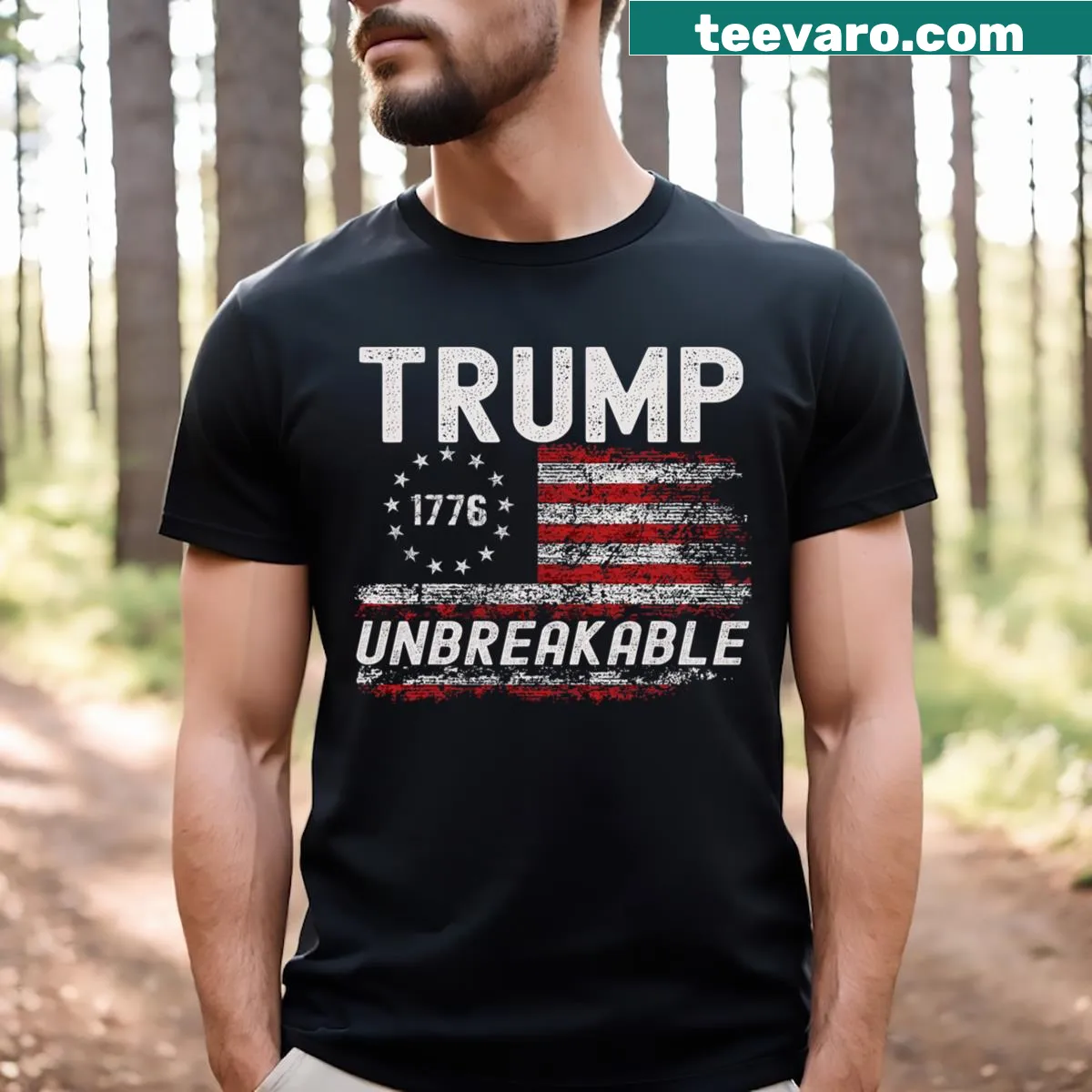 Trump Unbreakable T-shirt with US flag design — on a men's t-shirt