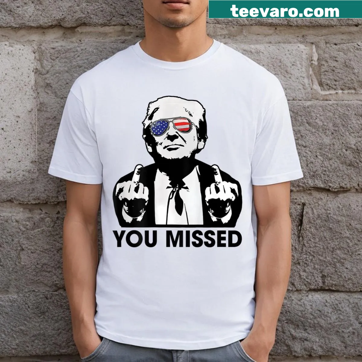 T-shirt with humorous text 'Trump You Missed' on back — on a men's t-shirt