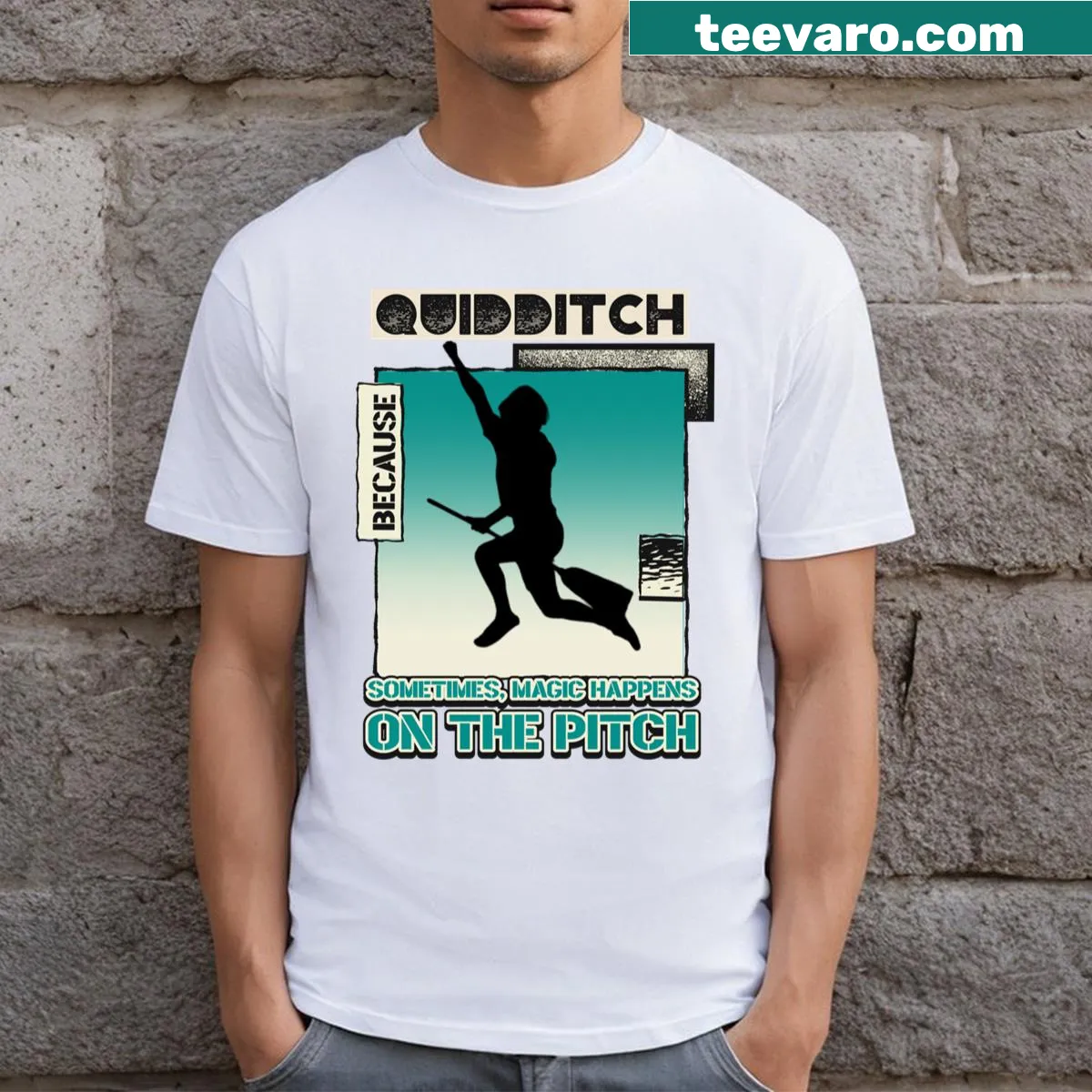 Illustrated Quidditch player graphic t-shirt — on a men's t-shirt