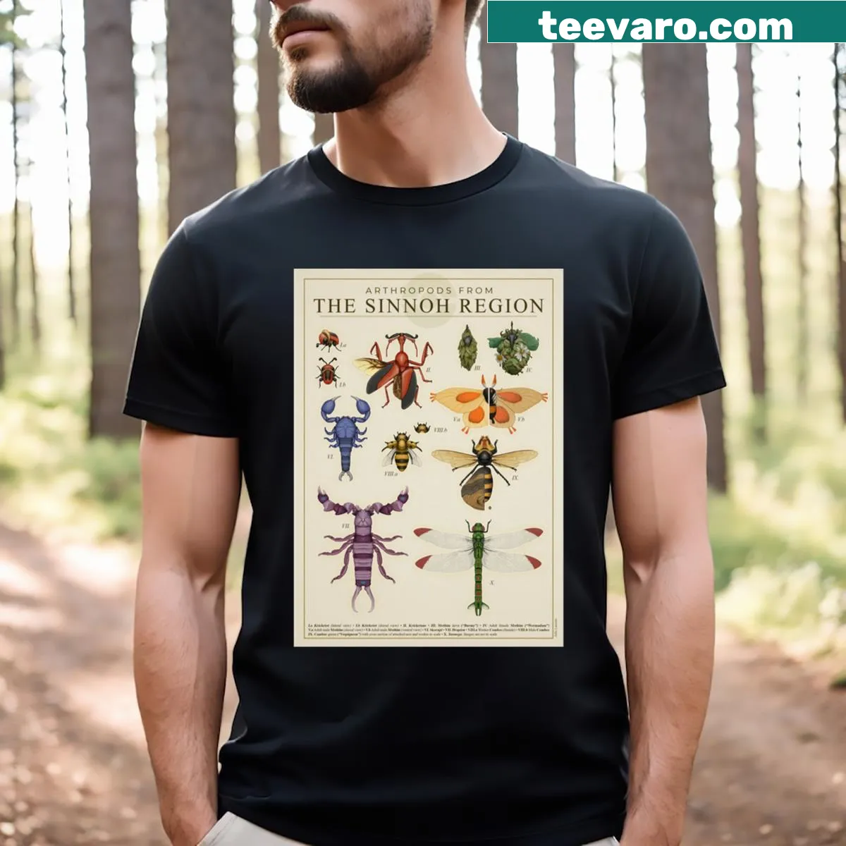 Pokémon-themed t-shirt featuring Sinnoh arthropods — on a men's t-shirt