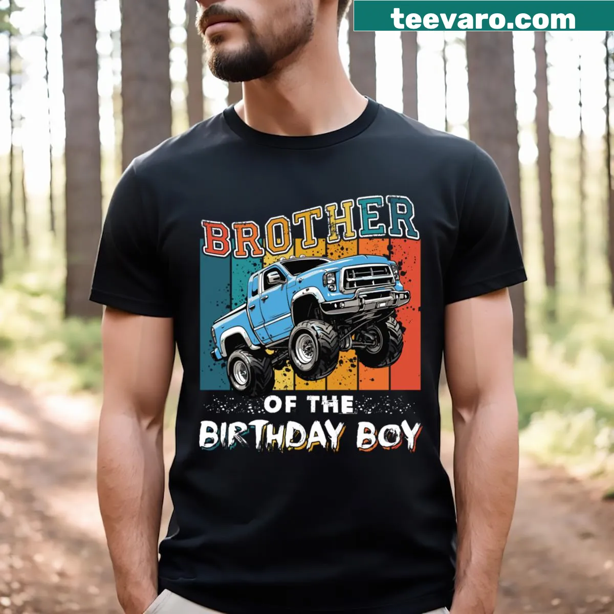 Illustrated monster truck t-shirt stating 'Brother of the Birthday Boy' — on a men's t-shirt
