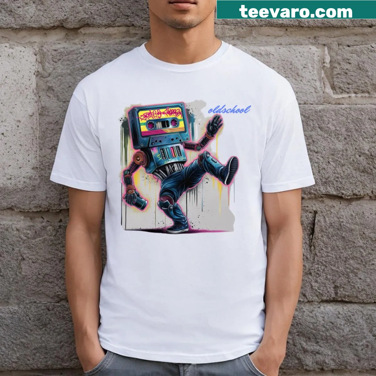 Illustrated cassette tape graphic t-shirt — on a men's t-shirt