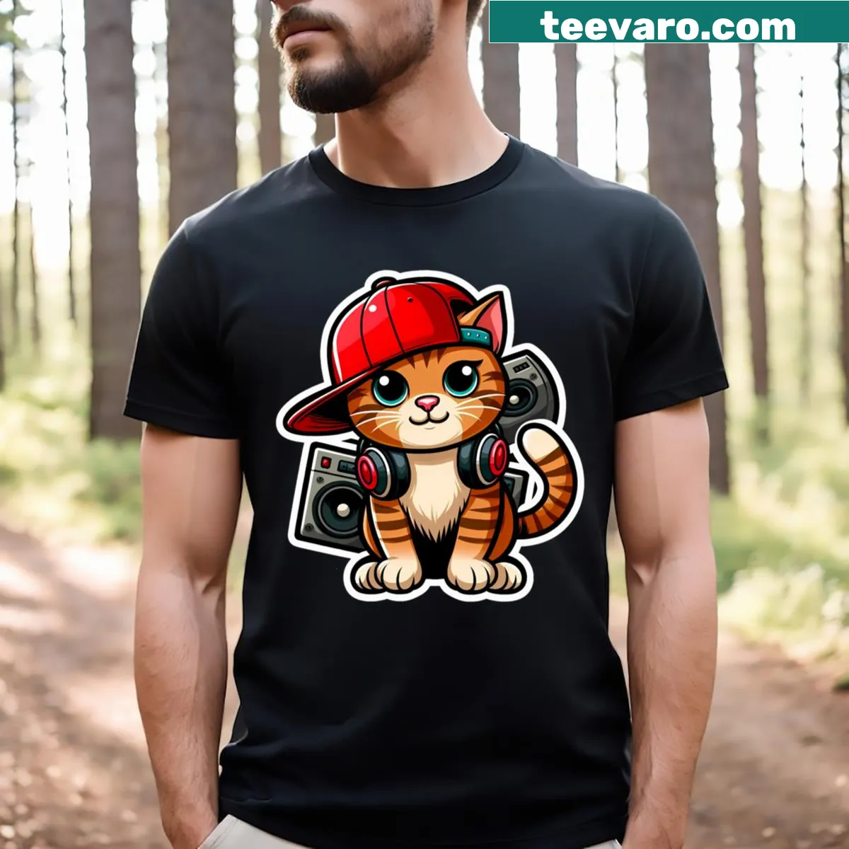 Retro hip-hop cat in a cap and sunglasses illustration on a t-shirt — on a men's t-shirt