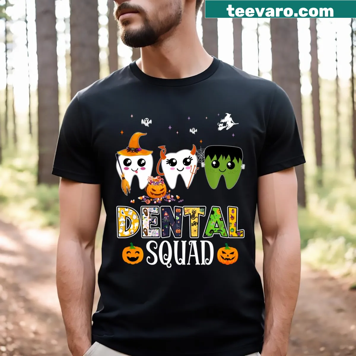 Funny Halloween T-shirt with witch and pumpkin design — on a men's t-shirt