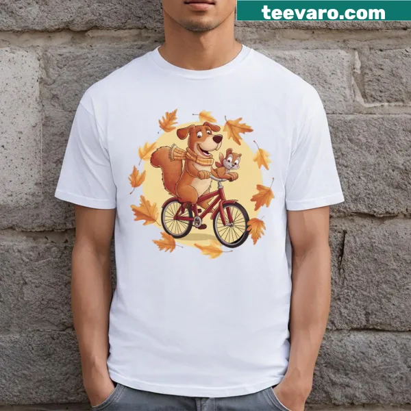 Cartoon dog riding a bicycle in autumn on a T-shirt
