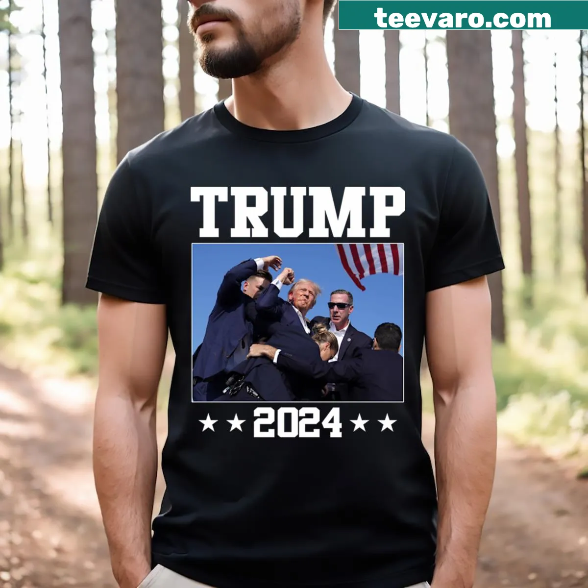 Trump 2024 shirt with bold text about surviving a shot at an election rally — on a men's t-shirt
