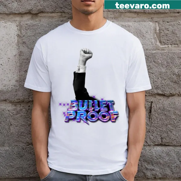 T-shirt featuring a playful graphic of a bulletproof president concept