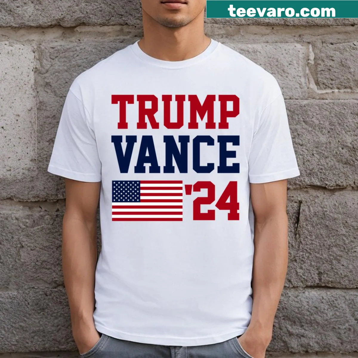American flag-themed T-shirt supporting JD Vance 2024 — on a men's t-shirt