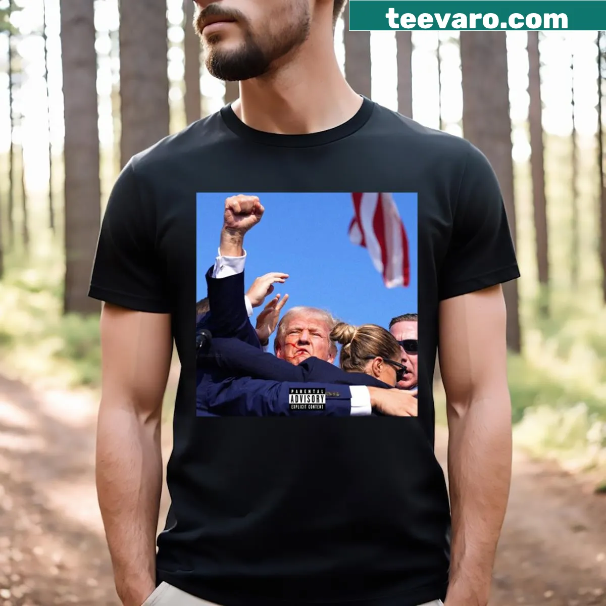 Bold 'Save America' slogan T-shirt for Trump 2024 campaign. — on a men's t-shirt