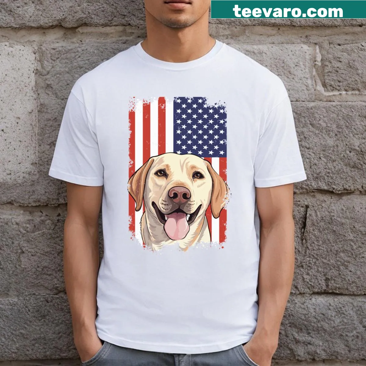 Illustration of a fox red Labrador and US flag on T-shirt — on a men's t-shirt