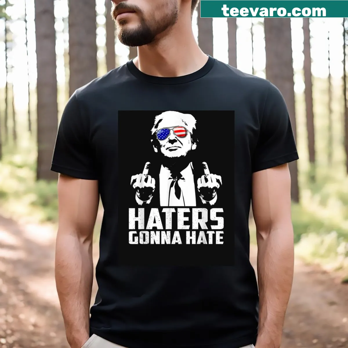 Sarcastic T-shirt with 'Haters Gonna Hate' and middle finger graphic. — on a men's t-shirt