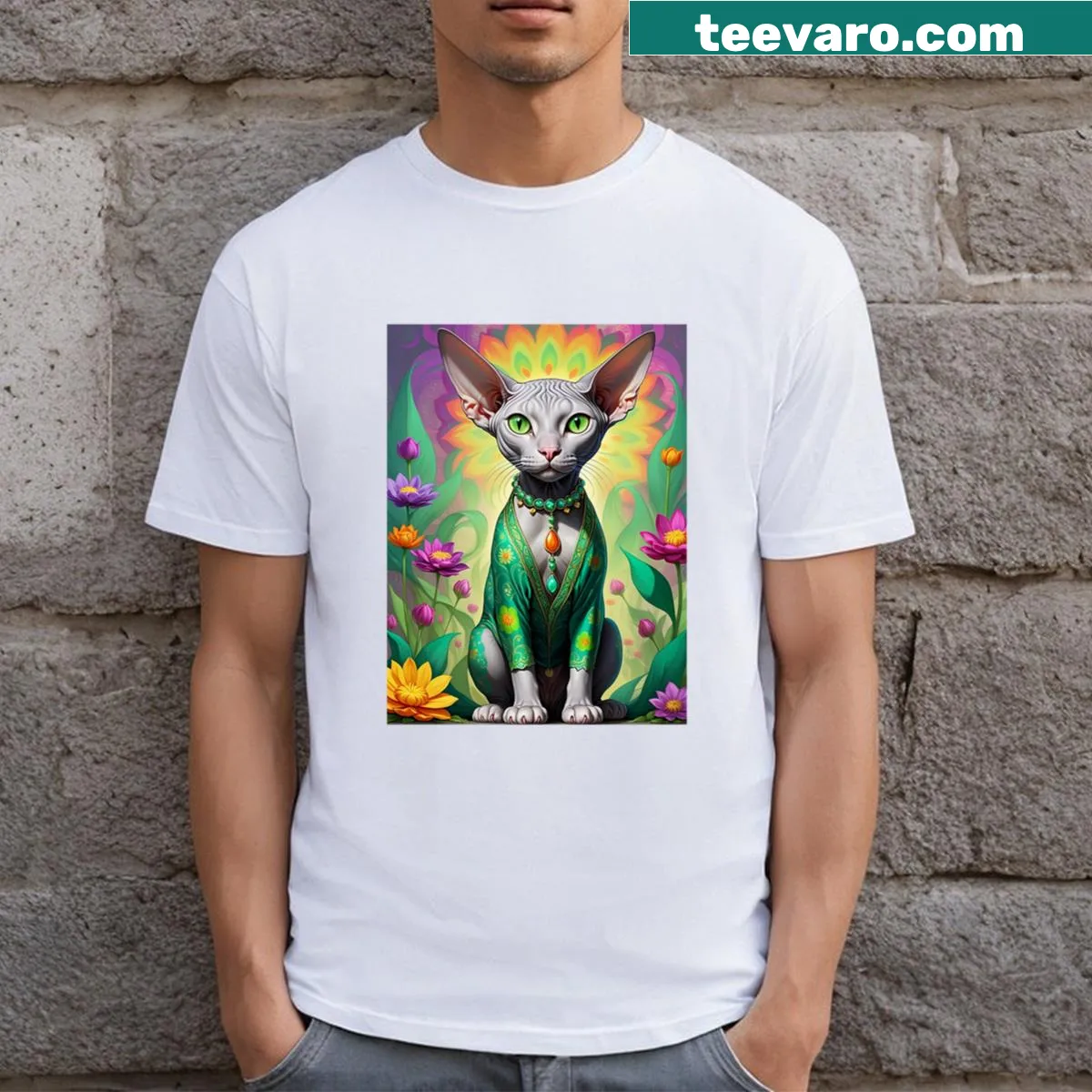 Retro Groovy Kitty design on a playful t-shirt — on a men's t-shirt