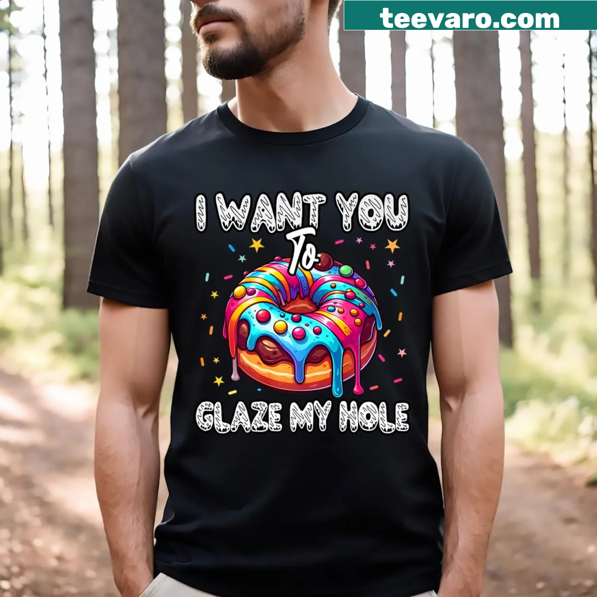 Funny donut-themed T-shirt with playful text — on a men's t-shirt