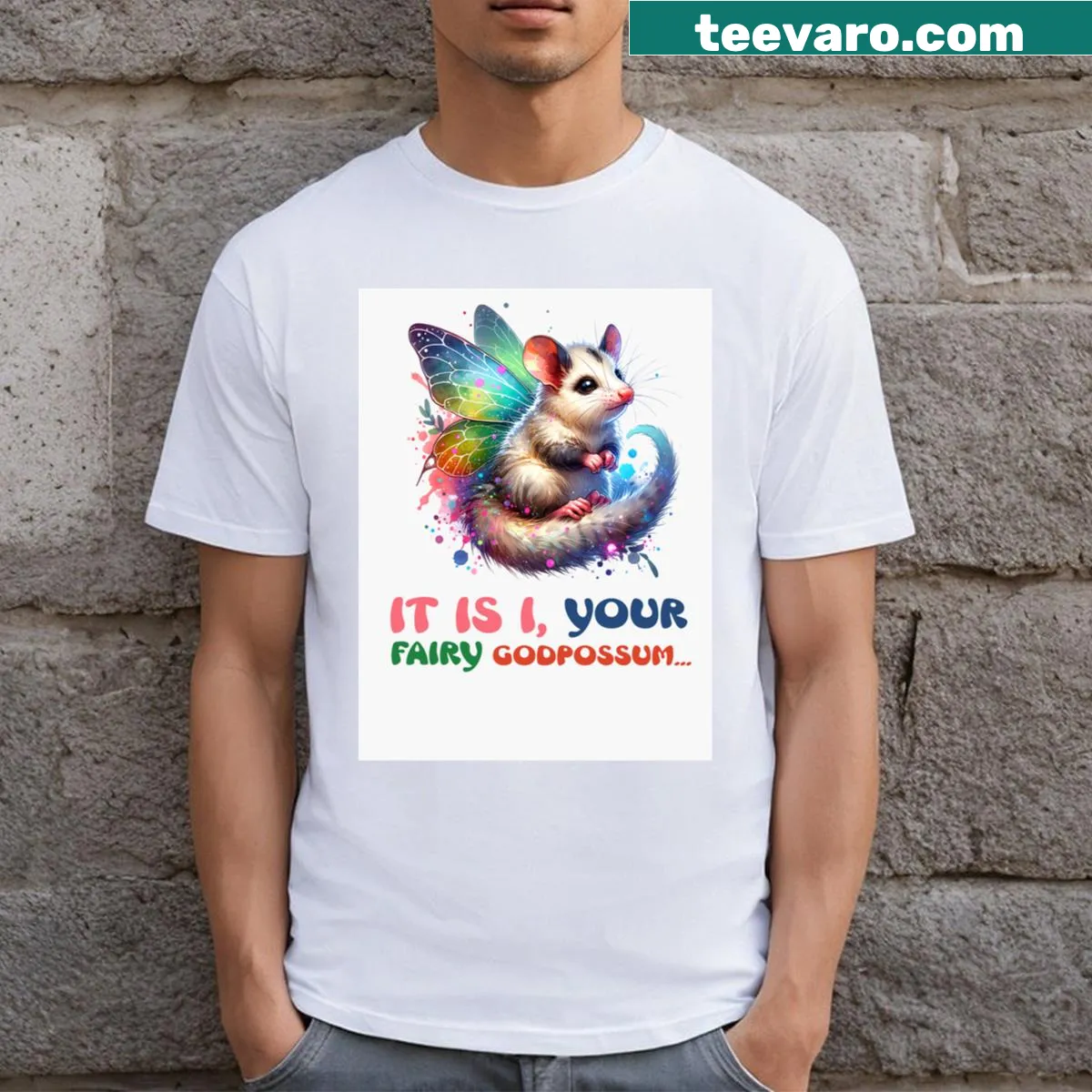 Playful t-shirt featuring a whimsical fairy godpossum illustration. — on a men's t-shirt