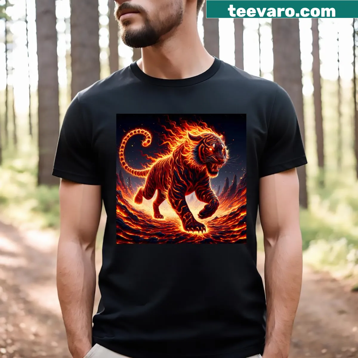 AI-generated graphic of a tiger with lava elements — on a men's t-shirt