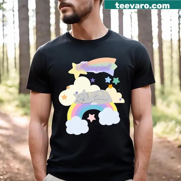 Illustrated Meowgical T-shirt with playful cat graphics and whimsical text