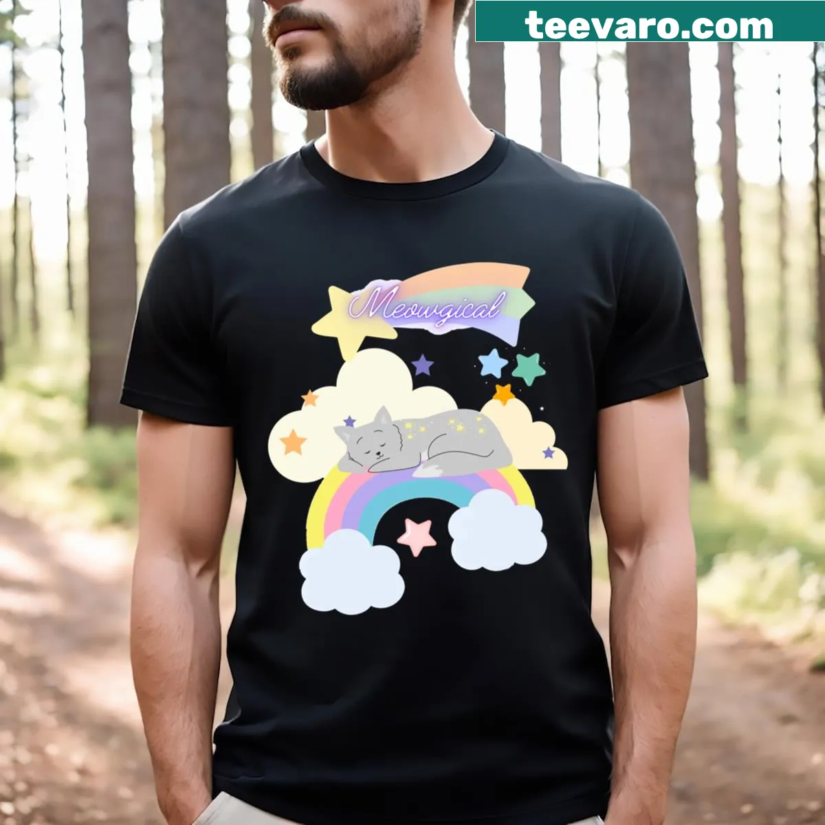 Illustrated Meowgical T-shirt with playful cat graphics and whimsical text — on a men's t-shirt