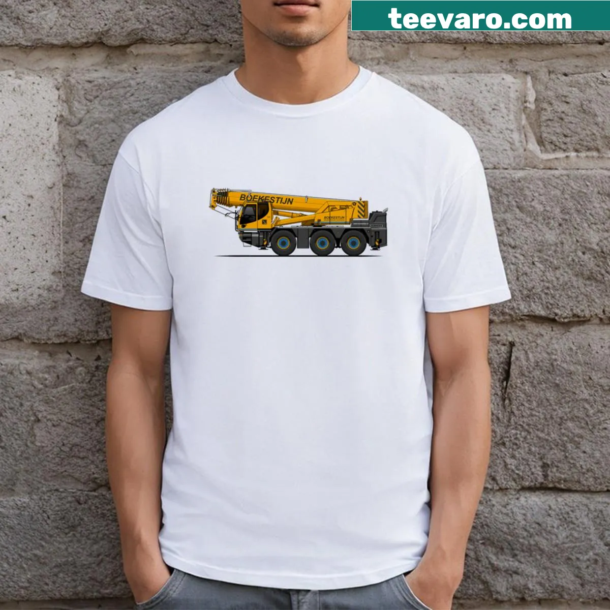 Realistic T-shirt featuring a mobile crane design. — on a men's t-shirt