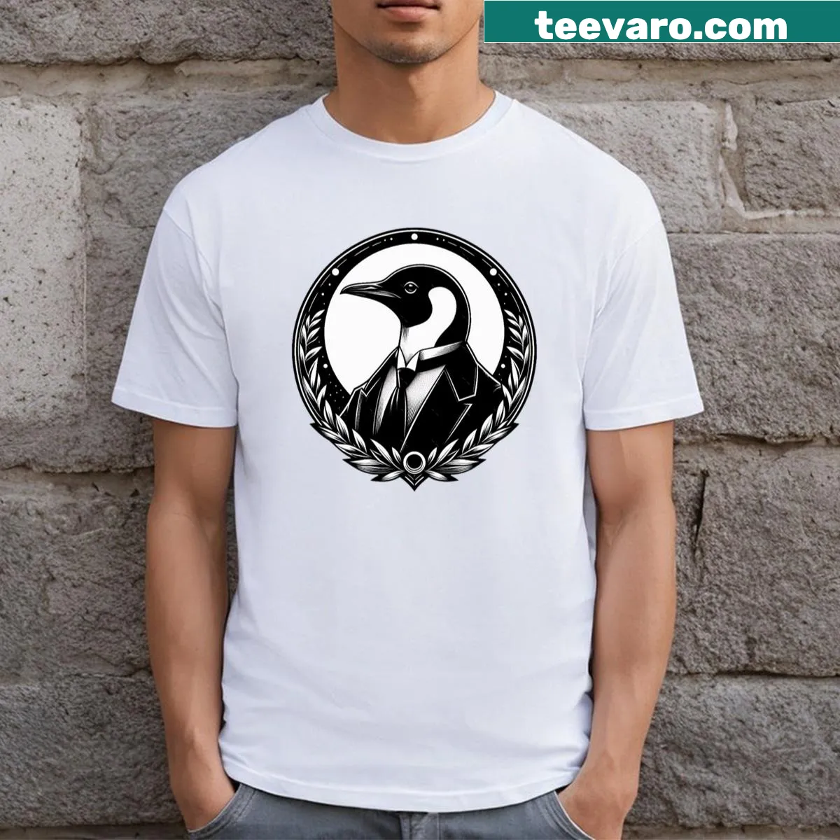 Cartoon T-shirt featuring a cheerful penguin illustration — on a men's t-shirt