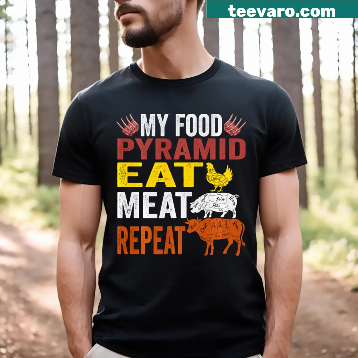 Funny food pyramid T-shirt with 'Eat Meat Repeat' text — on a men's t-shirt