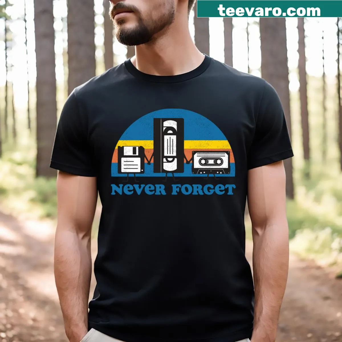 T-shirt featuring the phrase 'Never Forget' in bold letters — on a men's t-shirt