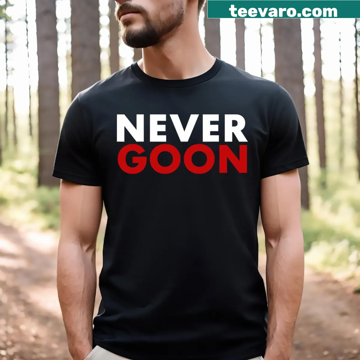 Funny gym meme t-shirt with 'Never Goon' phrase — on a men's t-shirt