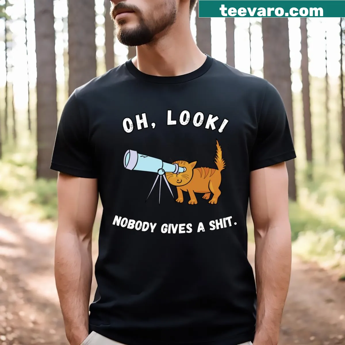 Sarcastic t-shirt with the phrase 'Oh Look Nobody Gives A Shit' in bold letters — on a men's t-shirt