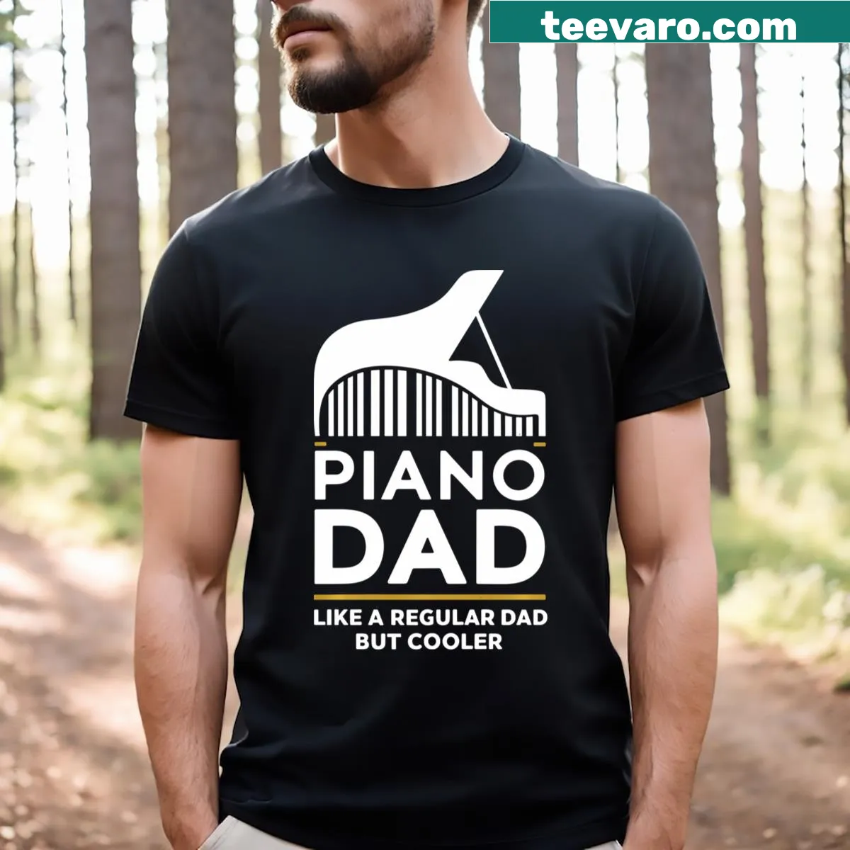Funny Piano Dad t-shirt with humorous text about parenting and music — on a men's t-shirt