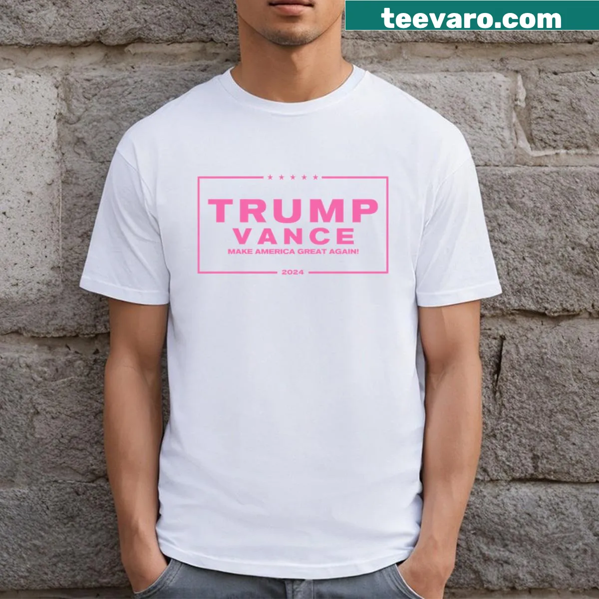 T-shirt featuring 'Donald Trump JD Vance 2024' text — on a men's t-shirt