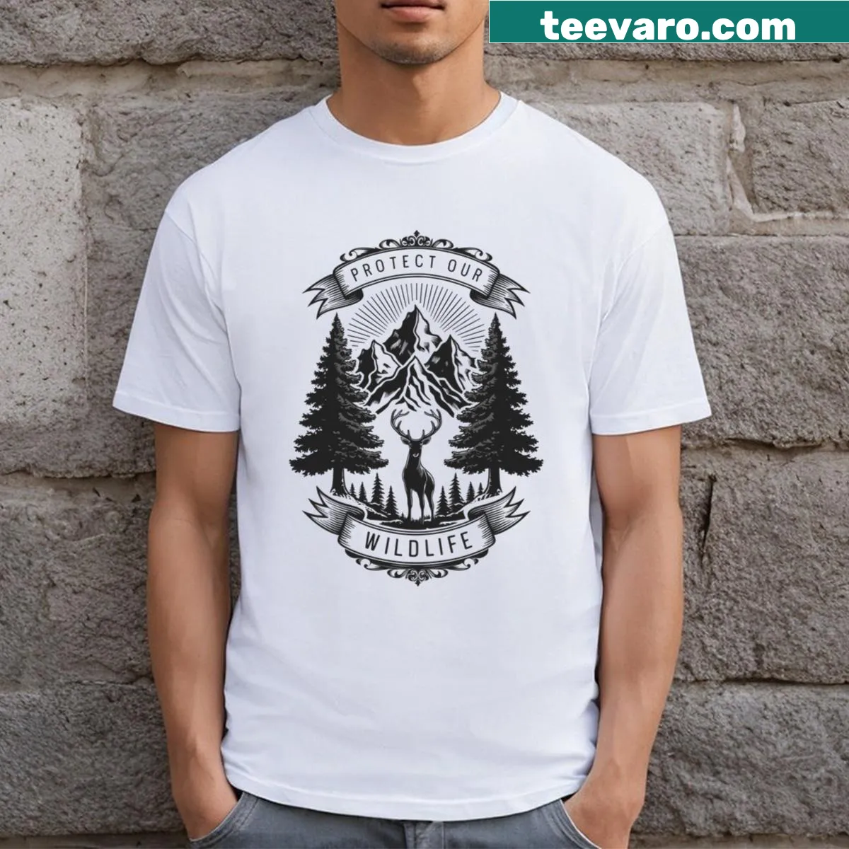 Illustrated design featuring animals and plants promoting wildlife conservation — on a men's t-shirt