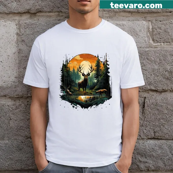 Illustrative shirt with reindeer and nature scene