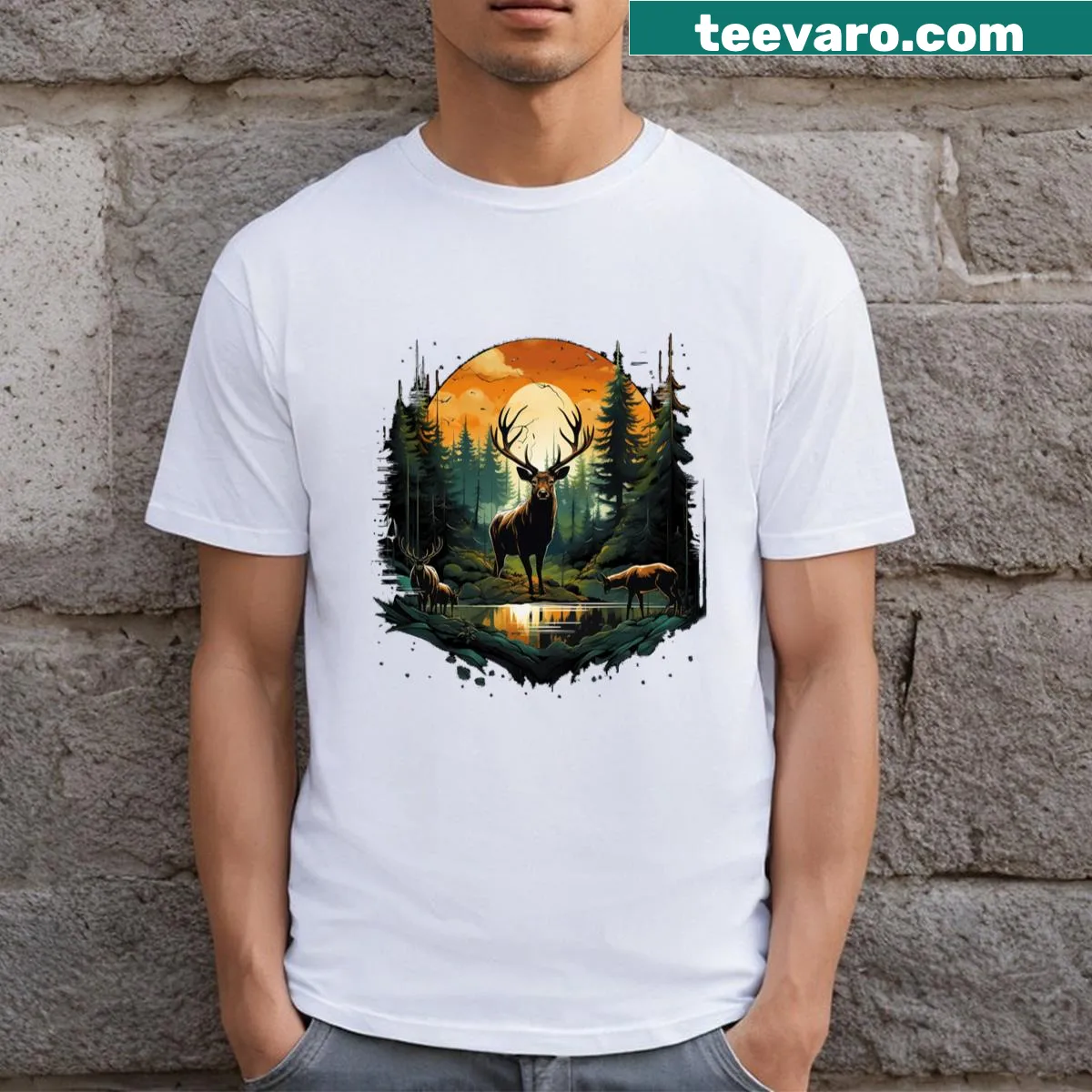 Illustrative shirt with reindeer and nature scene — on a men's t-shirt