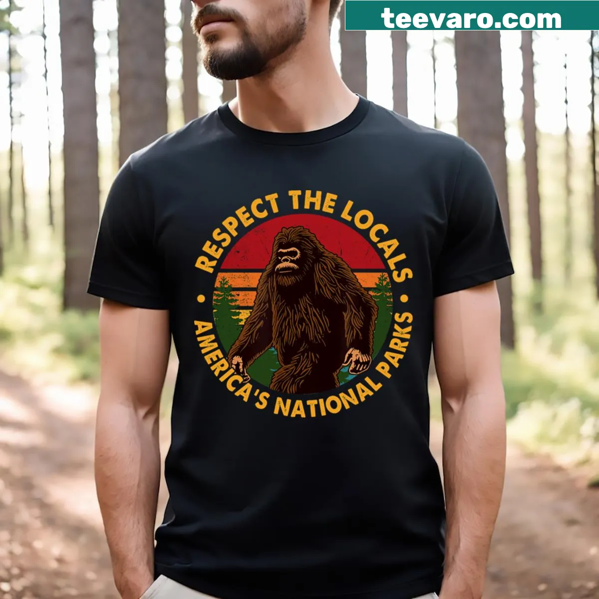 Fun T-shirt featuring Bigfoot graphic and nature theme — on a men's t-shirt