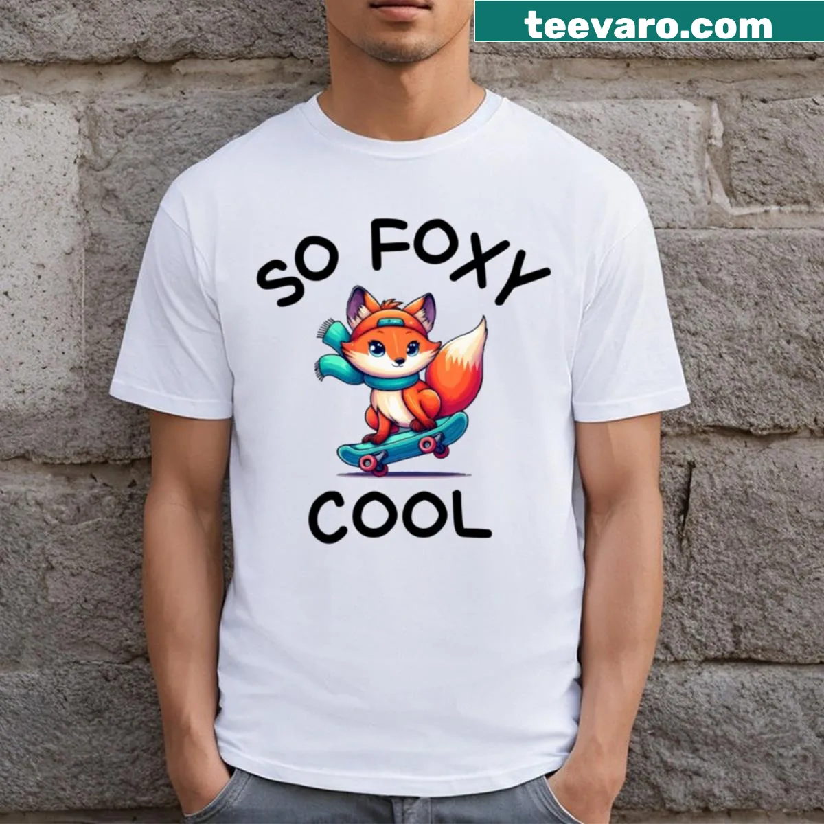 Playful cartoon fox on skateboard graphic T-shirt — on a men's t-shirt