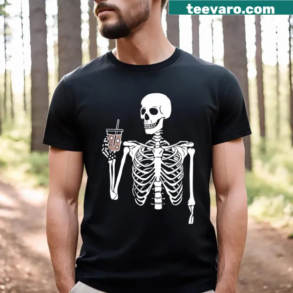 Skeleton drinking milk tea graphic on Halloween T-shirt