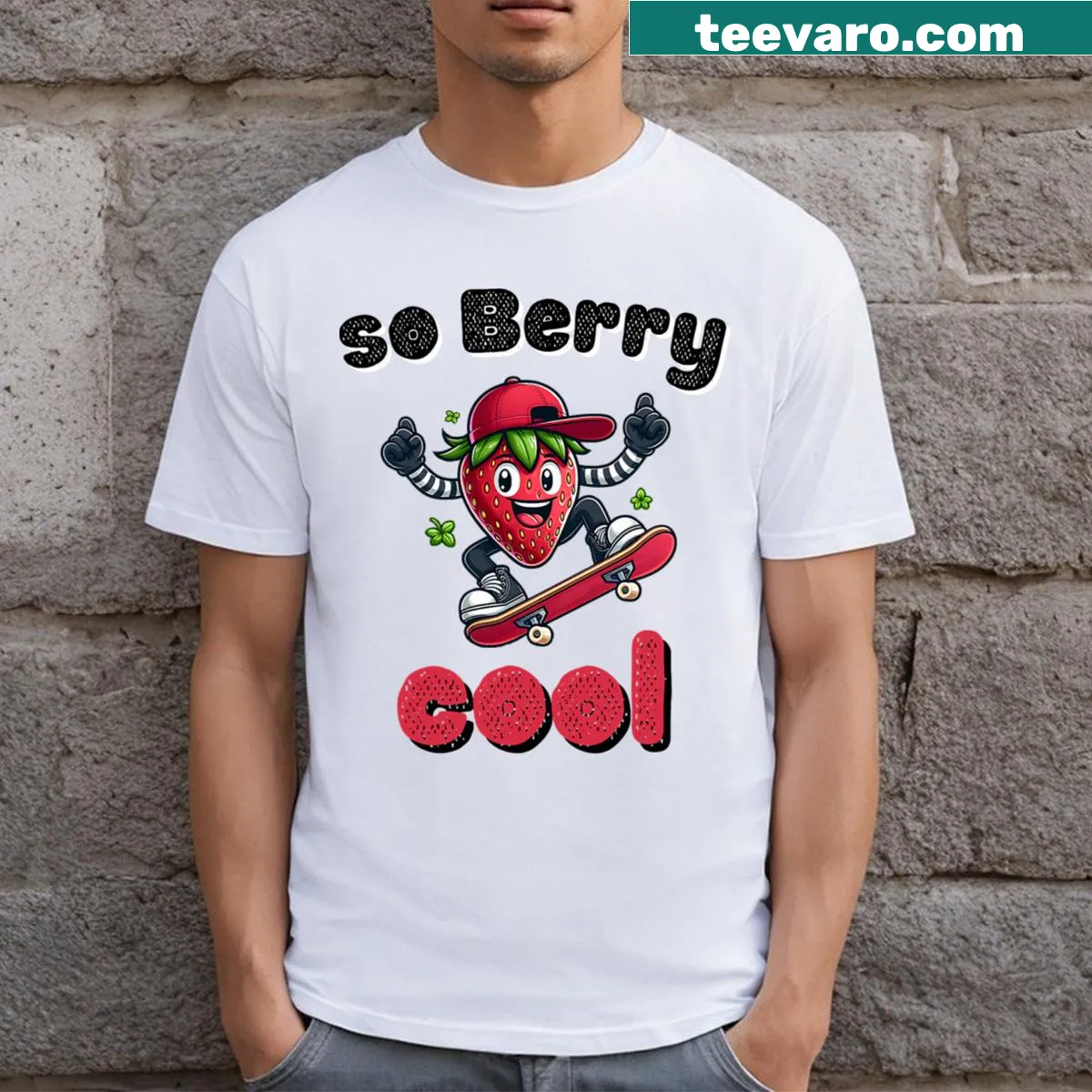 Playful t-shirt with strawberry skater boys graphic — on a men's t-shirt