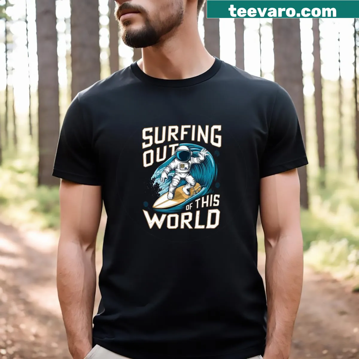 Whimsical surfing design with a surfboard in a cosmic galaxy. — on a men's t-shirt