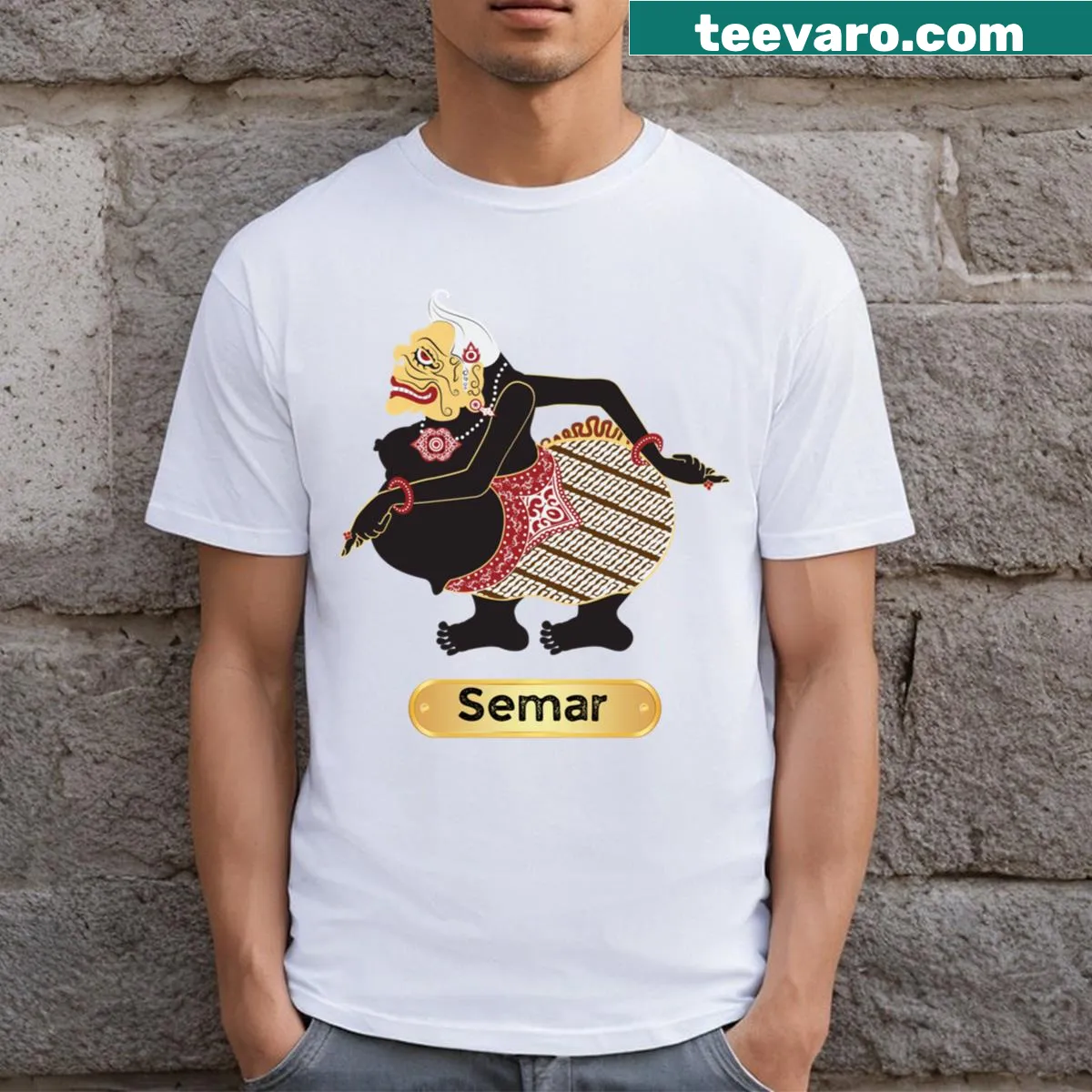 Graphic T-shirt featuring Semar, a wise character from Indonesian puppetry. — on a men's t-shirt